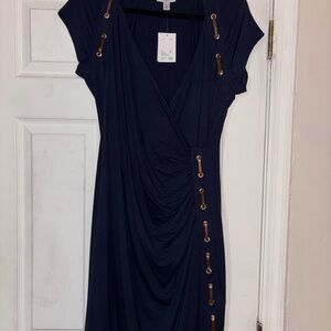Carmen Marc Valvo Navy Blue Dress with V-Neck and Ruched Wrap